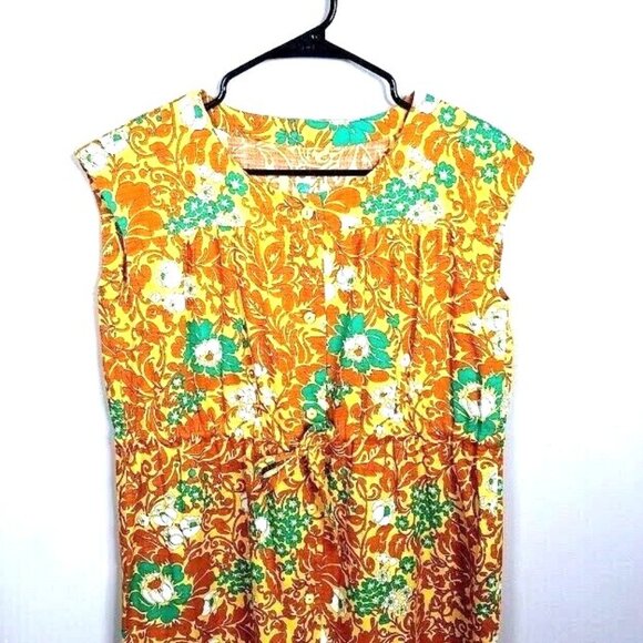 Vintage 1960s Orange Floral Print Sleeveless Dress With Belt Gathered Waist Wome - Picture 2 of 5